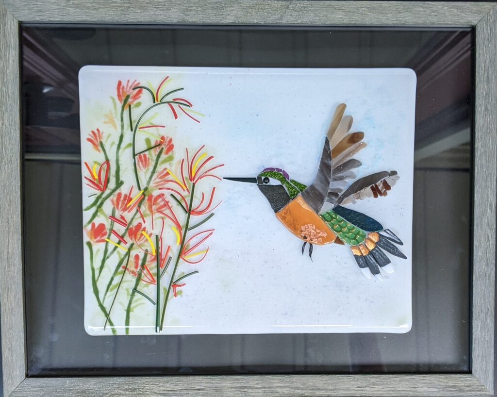 Fused glass hummingbird with Indian flowers